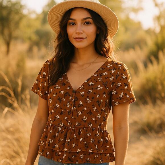 Abound Tops - Abound Floral Peplum Brown White High Low Hem Short Sleeve Top – Size Small